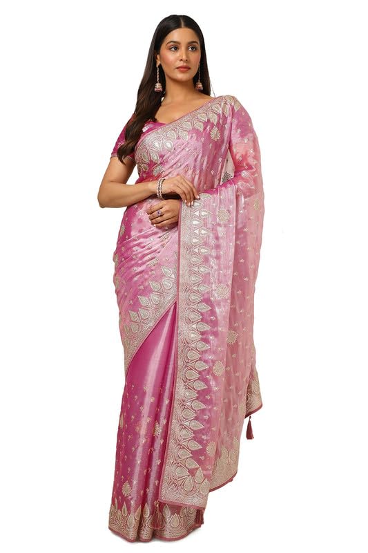 Soch Womens Onion Pink Organza Embroidered Saree With Stone Work