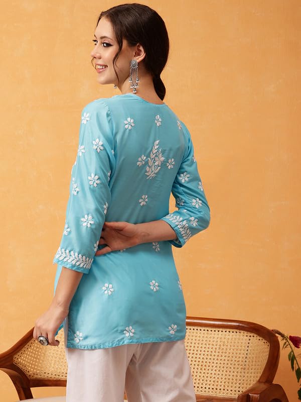 Ada Hand Embroidered Lucknowi Chikankari Muslin Straight Top Tunic Short Kurti for Women A911424 Blue (XS)