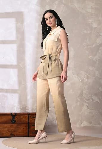 KIZA Women Beige Linen Co-ord Set Sleeveless Tunic Top with Belt & Straight Pants | Breathable Summer Wear Stylish Cord Set | Casual Office Wear Two Piece Outfit for Women