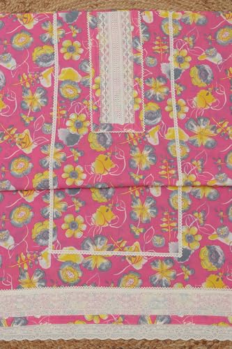 Soch Womens Pink Cotton Floral Printed Dress Material With Lace Inserts