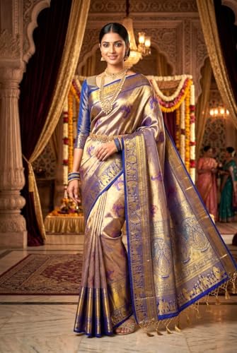 VFCollections Women's Traditional Handloom Kanchipuram Silk Pure Pattu Sarees | Rich Zari Woven Design | Bridal Saree | Unstitched Blouse (VFC644-1), Purple,Gold