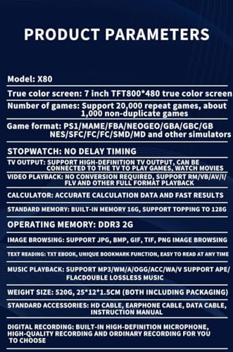 New World X80 Hand Video Games Console Handheld Game Player 7 Inch Full-Color Disply Built-in 20000+Games TV output 8 Emulator Support PS1