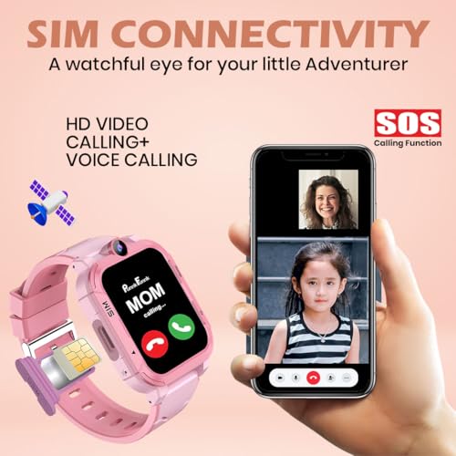 PunnkFunnk Safeguard Kids Smart Watch 5G/4G with SIM Calling, GPS Tracker, Video Calling, SOS Alerts, Face Unlock, Voice Chat, Games, IP67 Waterproof, 800mAh Battery (Pink)