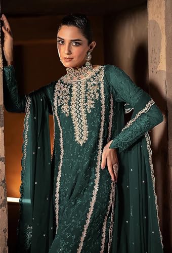 RUDRAPRAYAG Women's Georgette Semi Stitched Embroidered Work With Moti Work Anarkali Suit With Dupatta