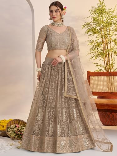 Zeel Clothing Women's Cotton Thread Sequins Work Embroidery Soft Net Lehenga Choli With Dupatta (NFH-2150-Matellic-Grey-Lehenga-Choli; Free size) (Matellic Grey)