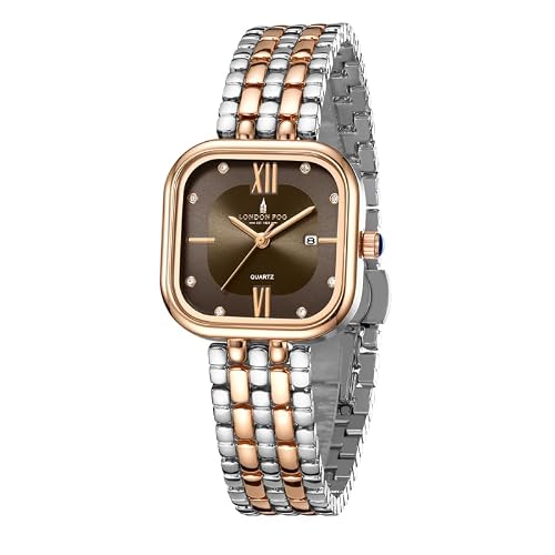 London Fog Bloomsbury Collection Analog Quartz Watch for Women with Brown Sunray Square Dial, Roman Numeral and Crystal Hour Markers, Date Display, Rose Gold & Silver Stainless Steel Strap LFW20008-22