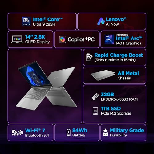 Lenovo IdeaPad Pro 5 Intel Core Ultra 9 285H (32GB RAM/1TB SSD/14 inch (36.83cm)/2.8K OLED/AI PC/Windows 11/Office Home 2024 AI Now/1Yr ADP Free/3 Mon. Game Pass/Grey/1.4Kg), 83JK000AIN