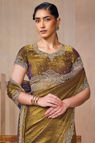 Soch Womens Olive Fendy Satin Embellished Saree With Stone Work