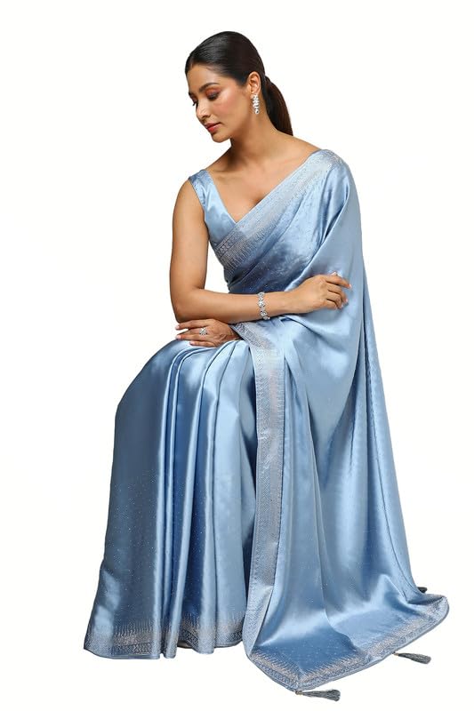 Soch Womens Powder Blue Satin Embellished Saree With Stone Work