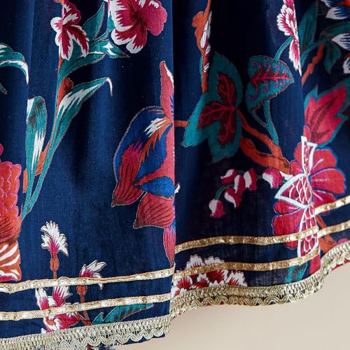 Hoscotch Girls Floral Navy 3/4th Sleeves 2 Piece Tulip Trail Cotton Kurti & Sharara For Ages (5-6 Years)