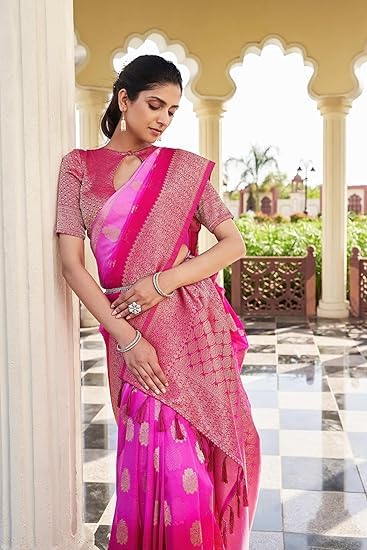 Vardha Women's Banarasi Georgette Saree with Unstitched Blouse Piece - Gold Zari Woven Work Sarees for Wedding (Mahika_676)