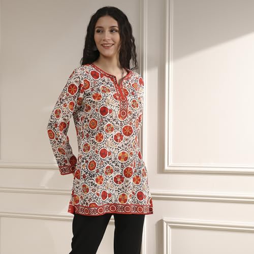 Biba Women Off White-Red Polyester Straight Printed Kurti_42