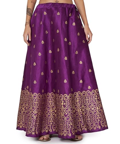 studio rasa Women's Dupion Hand Block Printed Bias Skirt for Wedding Festive Party (SKTC52403M_Purple_Medium)