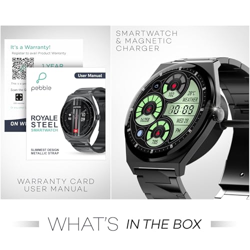 Pebble Royale Steel Luxury Metal Smartwatch | Ultra-Slim Stainless Steel Body, 1.43” Ultra AMOLED Display, Always-On Display, Bluetooth Calling, DIY Watch Faces (Black)