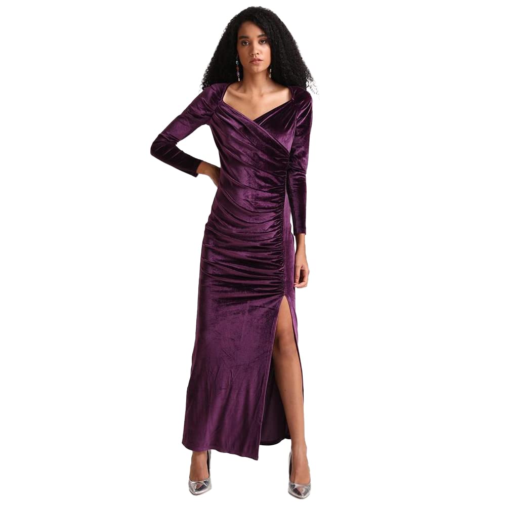 Kazo Solid Velvet V Neck Women's Maxi Dress (Purple,Small)