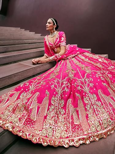 TRENDMALLS Women's Art Silk Sequin Embroidery Work Lehenga Choli Dupatta Set (L298-Pink) SemiStitch
