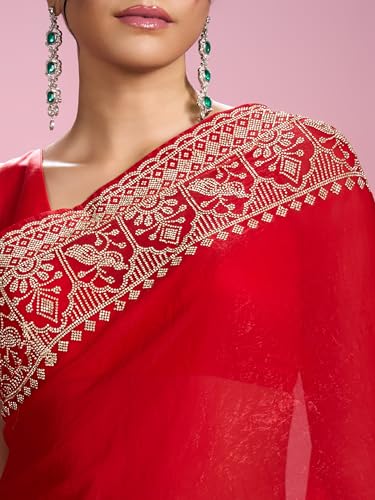 MOHEY Women's Organza Stone Work Saree with Blouse Piece(Red)