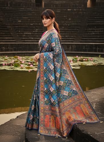 Glory Sarees Women’s Luxurious Dola Pure Silk Original Saree Position Print Work Bandhani Patola Inspired Motifs Banarasi Kanjivaram Style Saree With Blouse Piece(Elegant108_Blue)