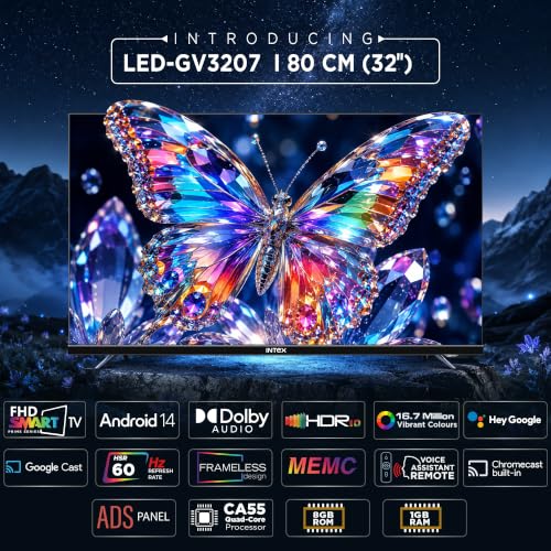 Intex 32 Inch Frameless HD Ready Smart Google TV | Android 14 | HDR10 | Dolby Audio | A+ Grade ADS Panel | 24W Speakers | Voice Control | Chromecast Built-in | Dual Band Wi-Fi | 280 Nits I LED-GV3207