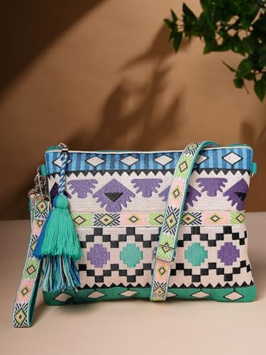 Anekaant Tribal Turquoise & Multi Acrylic Jacquard Ethnic Motifs Embroidered Sling Bag