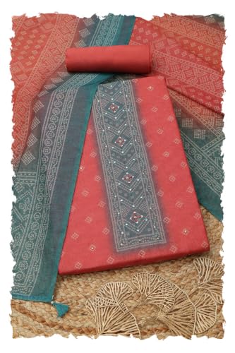 Soch Womens Rust Chanderi Bandhani Dress Material With Machine Embroidery and Faux Mirror