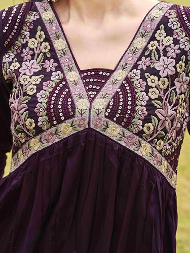 Womanista Women's Wine Cotton Blend Multi Flared Alia Cut Kurta with Pant and Dupatta (Kurtaset_1304_XXL)