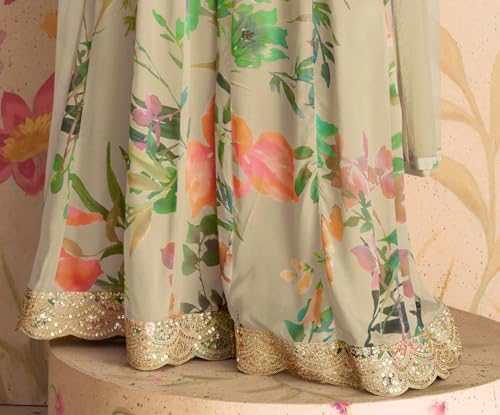 RUDRAPRAYAG Chinon Silk Floral Digital Print With Embroidery Womens Ethnic Wear Sharara Salwar Suit(Semi Stitched), Beige,Free Size