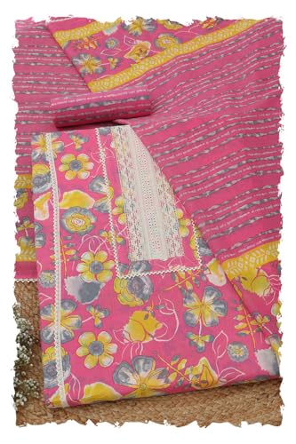 Soch Womens Pink Cotton Floral Printed Dress Material With Lace Inserts