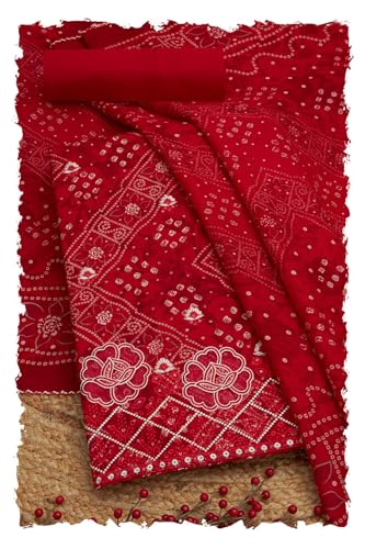 Soch Womens Red Rayon Bandhani Print Unstitch Dress Material With Sequins