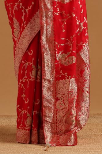 Soch Womens Red Satin Bird Motifs Zari Woven Saree