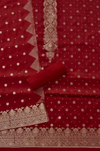 Soch Womens Red Gajji Silk Zari Woven Unstitch Dress Material With Zari Woven