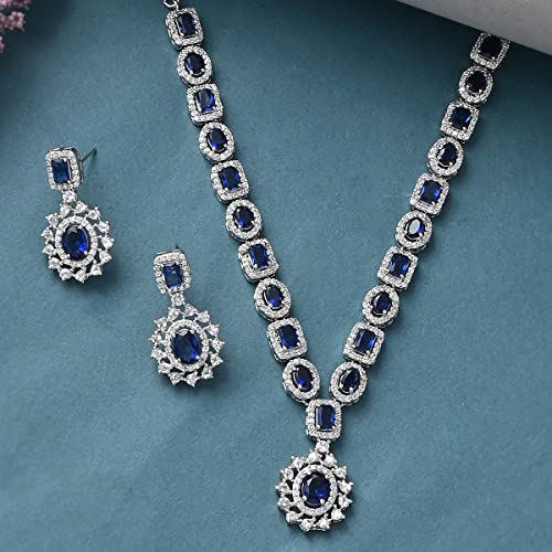 VOYLLA VoyllaSparkling Elegance Royal Blue and White CZ Brass Silver Plated Jewellery Set