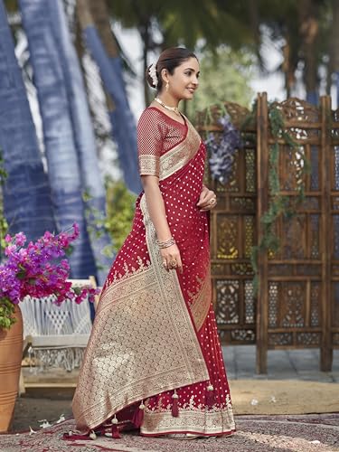 MANOHARI Women's Most Trendy Banarasi Satin Silk Woven Red Saree With Heavy Jacquard Work Saree With Blouse Piece_MN2023