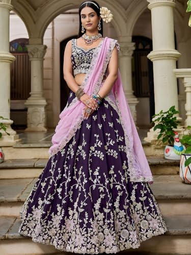 Zeel Clothing Women's Zari Sequins Embroidered Work Rangoli Silk Lehenga Choli With Dupatta (5139-Purple-Women-Lehenga-Choli; Free size)