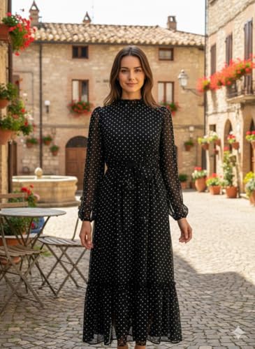 RUBY FASHIONS Women's Premium Georgette Black Polka Dot Maxi Dress – Elegant Full Sleeve Long Dress with Back Zip Closure, Stylish Evening & Casual Flare Gown (in, Alpha, S, Big, Black)