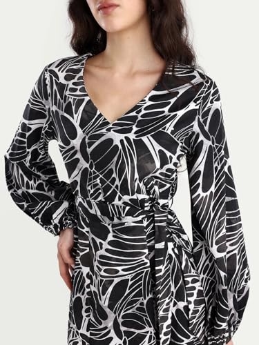 Rareism Women's Cotton V-Neck Floral Print Bishop Sleeve Mini A-Line Dress