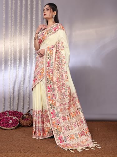 SWORNOF Women's Patola Silk Saree With Unstitched Boluse Piece (WHITE-2)