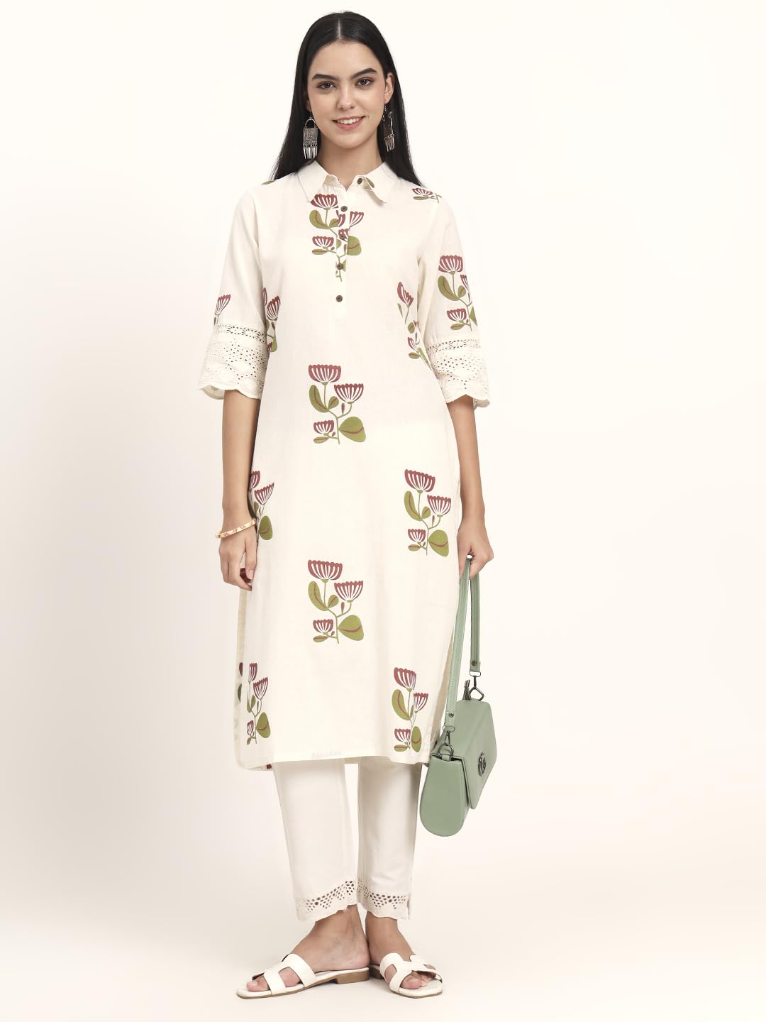 Divena Off White Floral Cotton A-Line Kurta (DBK1454)