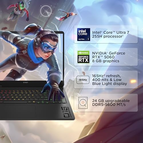 HP Omen, Intel Core Ultra 7 255H, 8GB RTX 5060, 24GB DDR5(Upgradeable) 1TB SSD, 2K, 165Hz, 3ms Response time, IPS, 16''/40.6cm, Win11, M365*Office24, Shadow Black, 2.43kg, am0238tx, RGB Gaming Laptop
