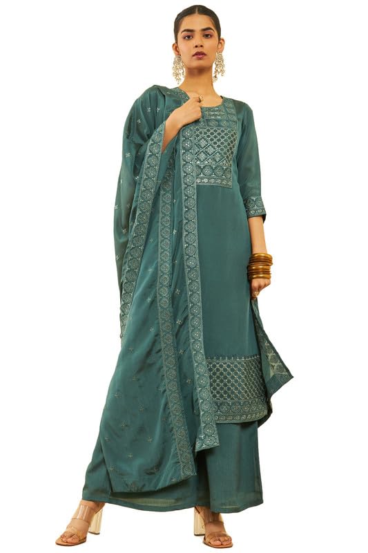 Soch Womens Green Chinon Embroidered Suit Set With Sequins