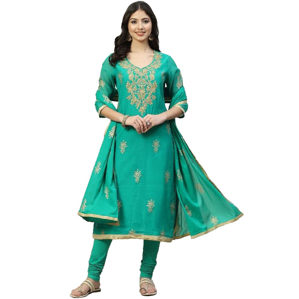 BIBA Cotton Women Printed Fitted Salwar Kurta Dupatta(Skdassorted7716_Green_38)