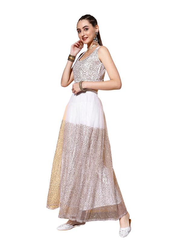 Ahalyaa White & Gold-Toned Printed Ready to Wear Lehenga & Blouse With Dupatta