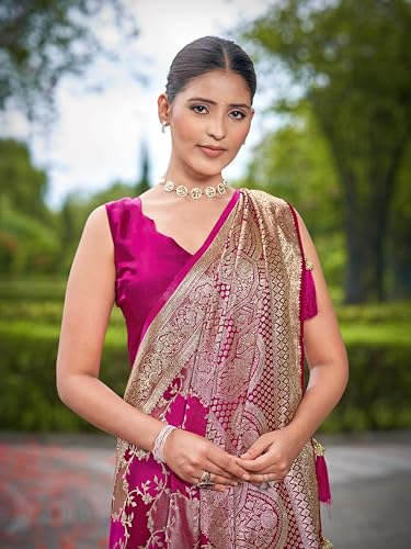 MANOHARI Women's Most Trendy Banarasi Satin Silk Woven Rani Pink Saree With Heavy Jacquard Work Saree With Blouse Piece_MN2047