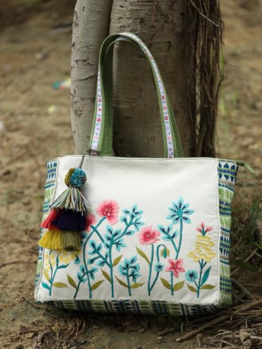 Anekaant Kooky Floral Embroidered Tote Bag for Women| Large Off White Jacquard Shoulder Bag | Perfect for College, Office & Everyday Use