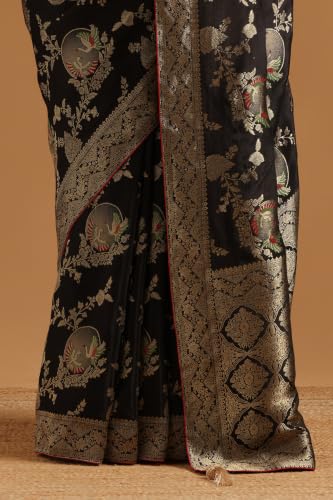 Soch Womens Black Satin Botanical Zari Woven Saree