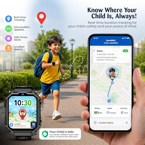 GameSir Kids Smart Watch with Dual Camara, 360° Rotating Design, HD Display, Video Calling, Chat, Rechargeable Battery & Adjustable Strap, Transparent Body for Boys & Girls - (Black)