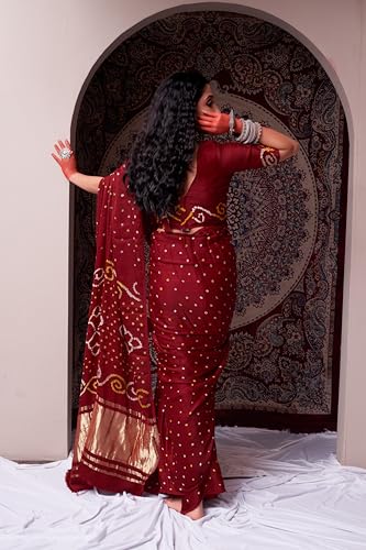 HEMA SILK MILLS Women Refined Mahogany Maroon Gajji Silk Bandhani Saree Gajji Maroon