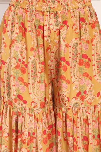 W for Woman Yellow Floral Print Zari Embroidered Straight Shantung Kurta with Sharara and Dupatta Set (WS11769-125062-L)