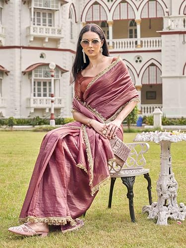 Womanista Women's Organza Solid Embellished Lace Saree With Un-Stitched Blouse, Pink