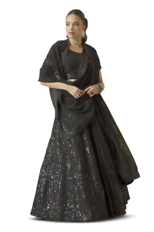 Soch Womens Black Georgette Floral Pattern Sequin Embellished Unstitched Lehenga Set